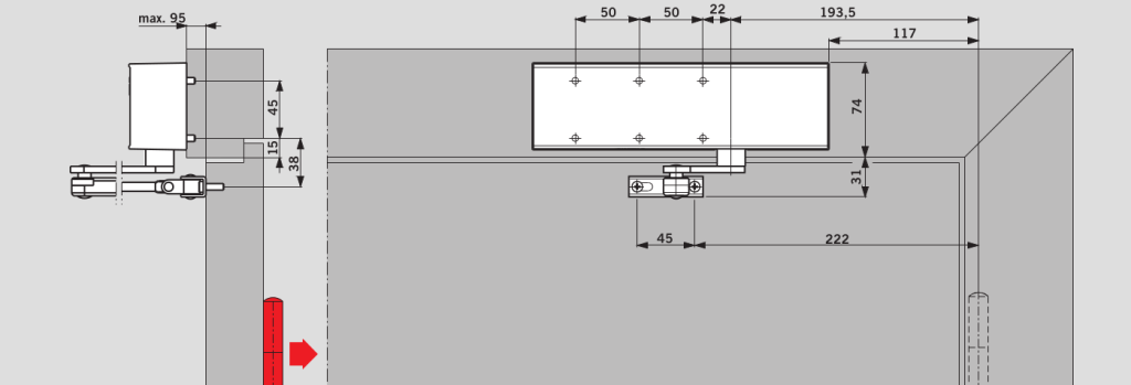 Монтаж на дверную коробку со стороны, противоположной петлям