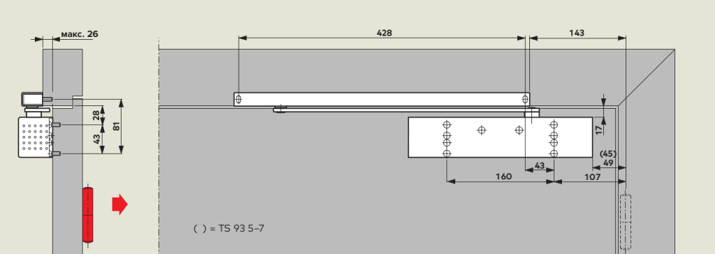 Монтаж на дверную коробку со стороны, противоположной петлям