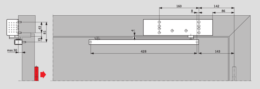 TS 92 B: Монтаж на дверном полотне со стороны, противоположной петлям