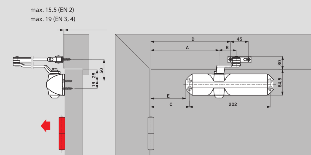 Монтаж на дверном полотне со стороны петель