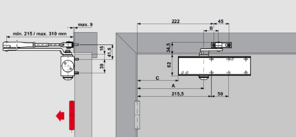 Монтаж на дверном полотне со стороны петель