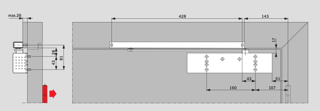 TS 92 G: Монтаж на дверном полотне со стороны, противоположной петлям