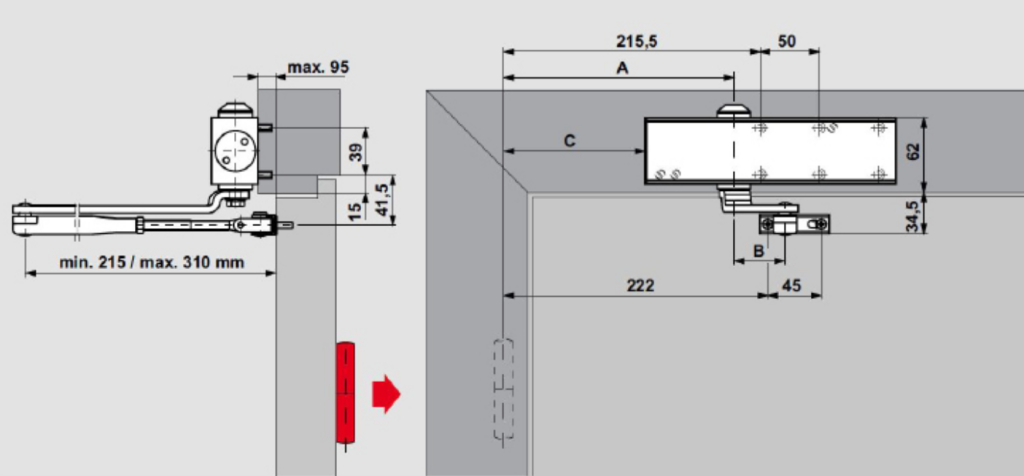 Монтаж на дверном полотне со стороны, противоположной петлям