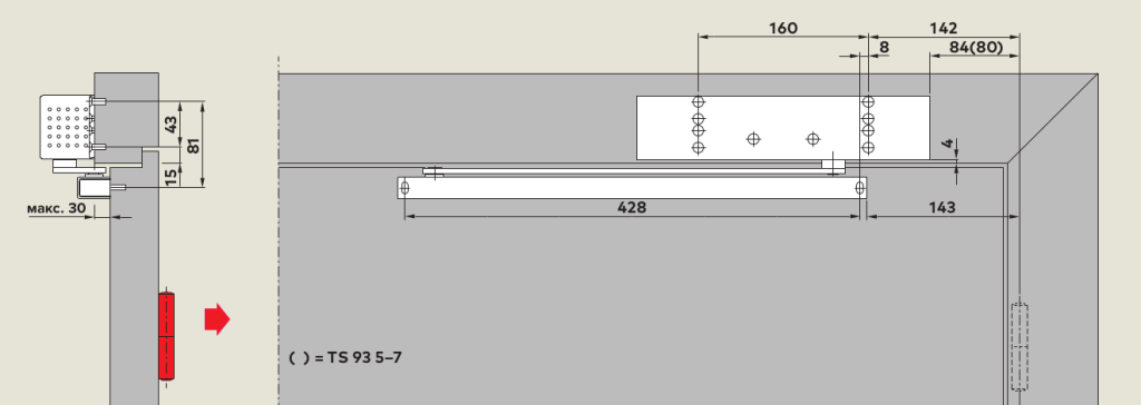 Монтаж на дверную коробку со стороны, противоположной петлям