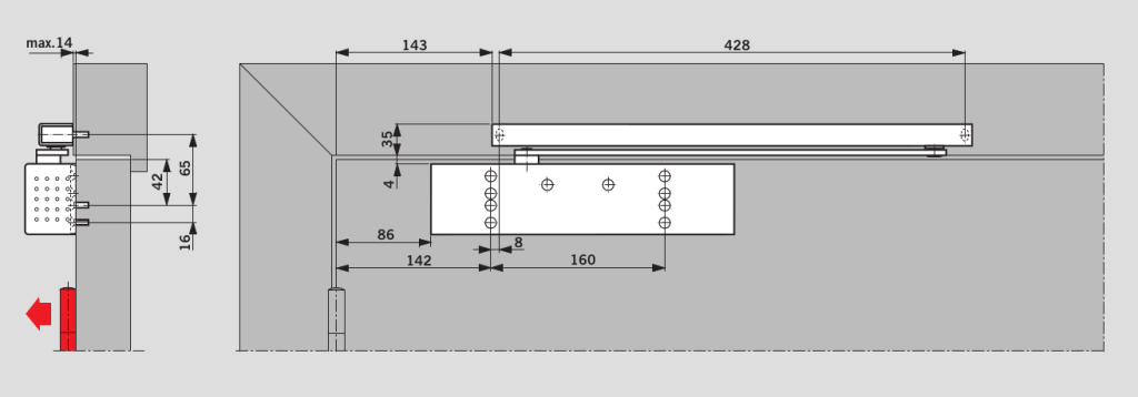 TS 92 B: Монтаж на дверном полотне со стороны петель