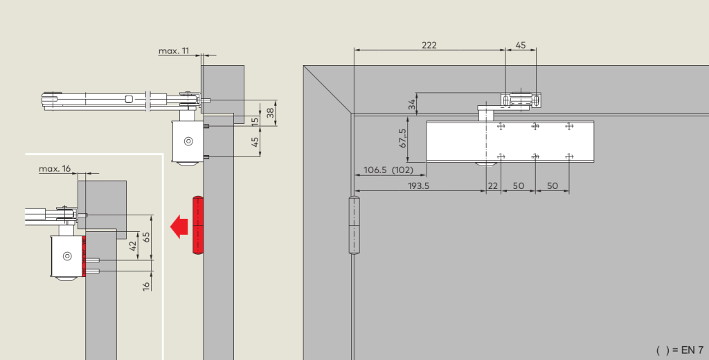 Монтаж на дверном полотне со стороны петель для моделей с рычагом ФОП