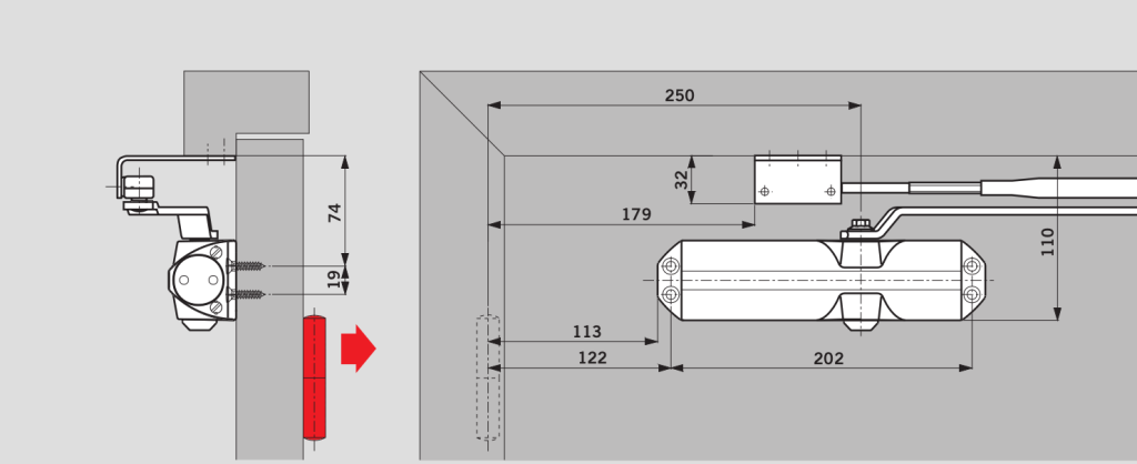 Параллельная установка рычага со стороны, противоположной петлям